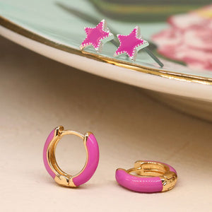 POM - Golden & Pink Enamel Hoop & Star Earring Duo