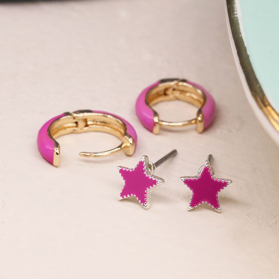 POM - Golden & Pink Enamel Hoop & Star Earring Duo