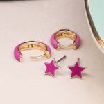 Load image into Gallery viewer, POM - Golden &amp; Pink Enamel Hoop &amp; Star Earring Duo
