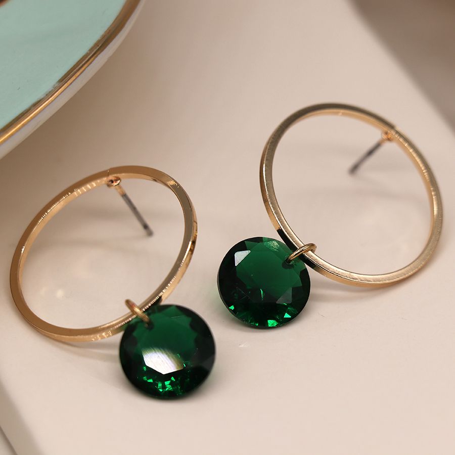 POM - Faux Gold Large Circle Stud Earrings with Deep Green Crystals