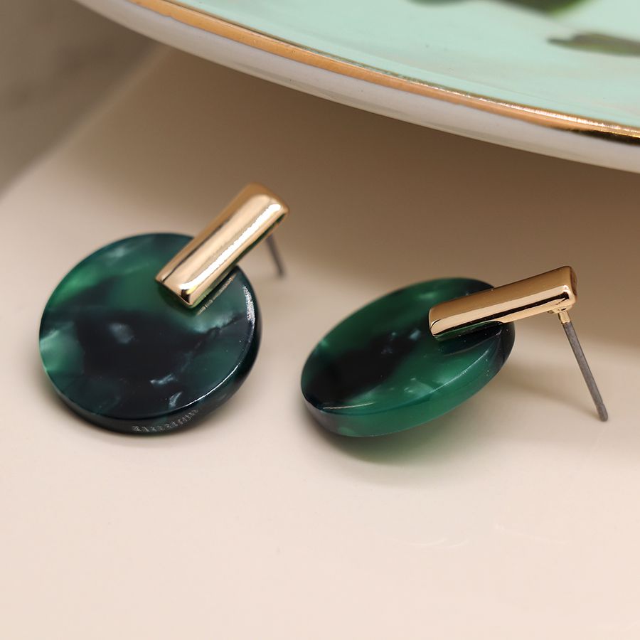 POM - Malachite Green Resin Faux Gold Disc Earrings