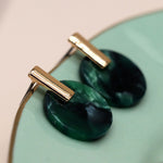 Load image into Gallery viewer, POM - Malachite Green Resin Faux Gold Disc Earrings
