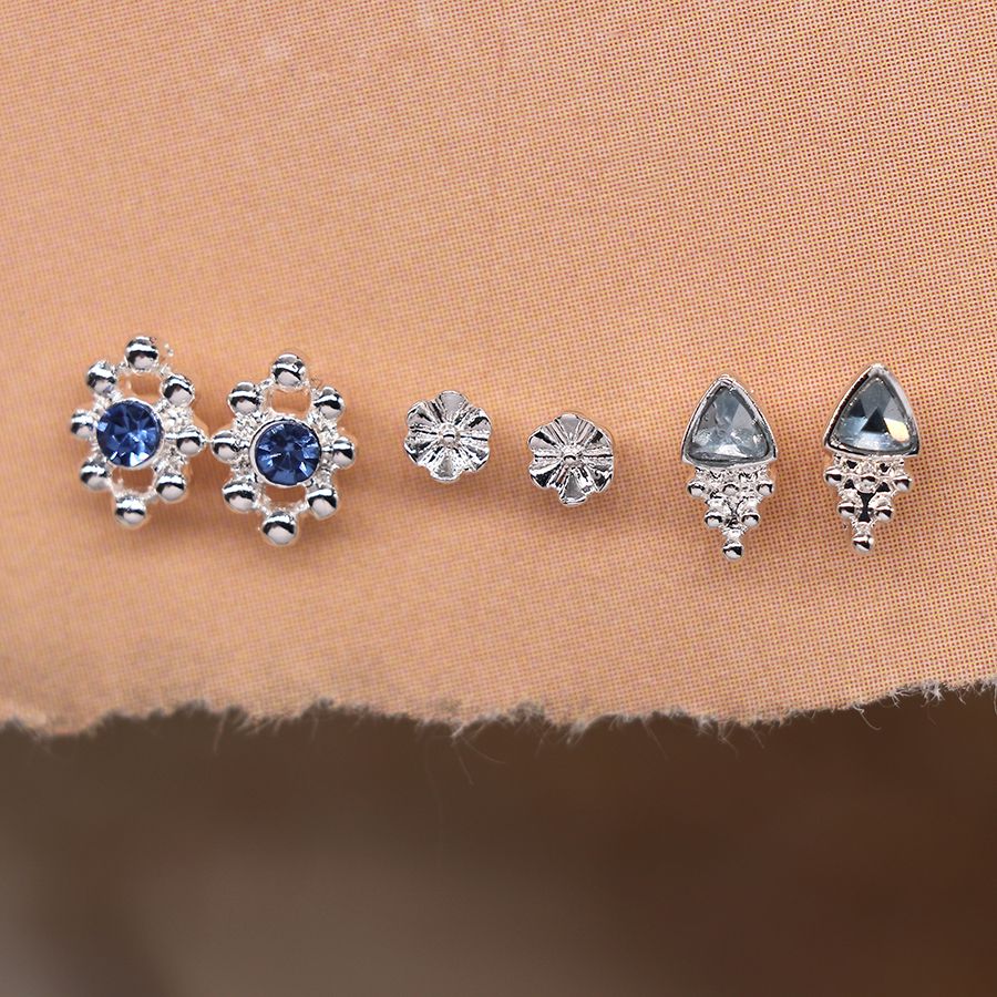 POM - Silver Plated Blue Crystal Earrings Triple Pack