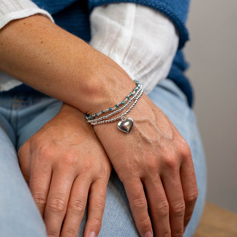 POM - Silver Plated Triple Layer Blue Bracelet with Heart Charm