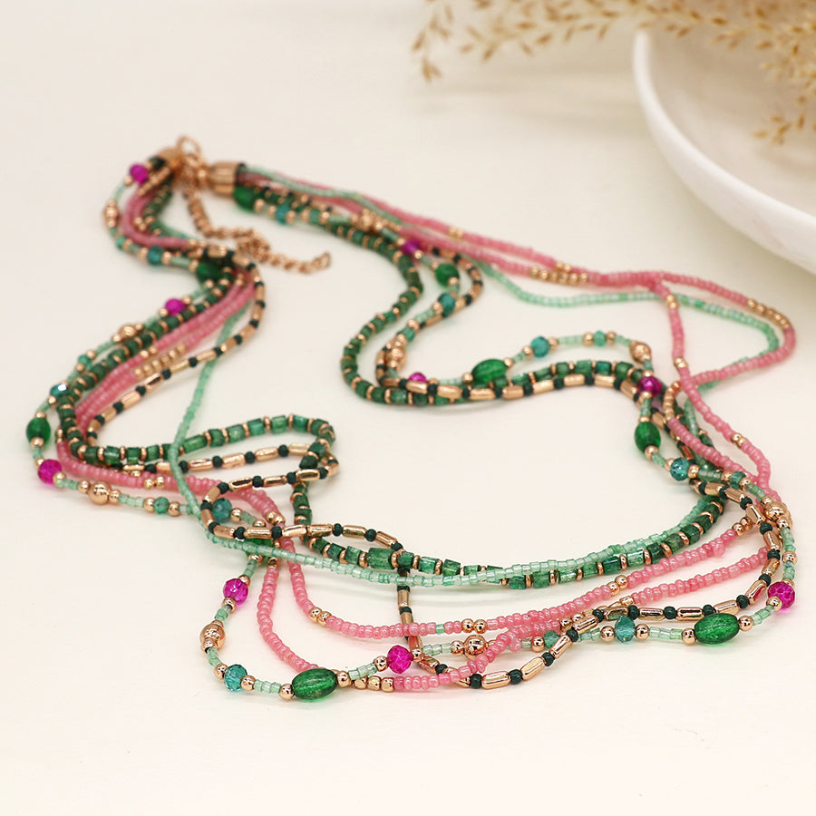 POM - Gold Beaded Multi Layer Boho Necklace | Turquoise & Pink