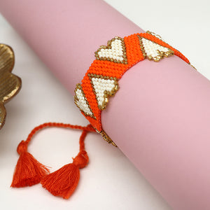 POM - Hearts Beaded Ribbon Bracelet | Orange & White