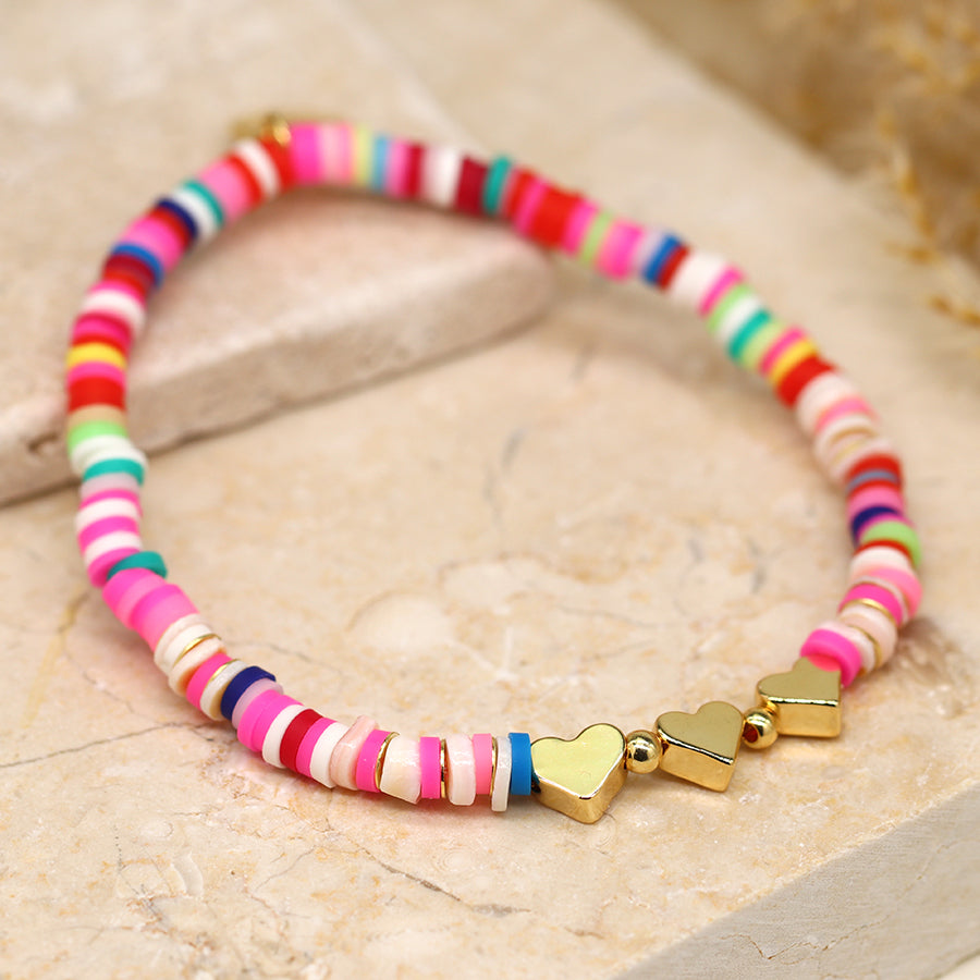 POM - Fimo Bead Bracelet | Rainbow with Gold Plated Hearts