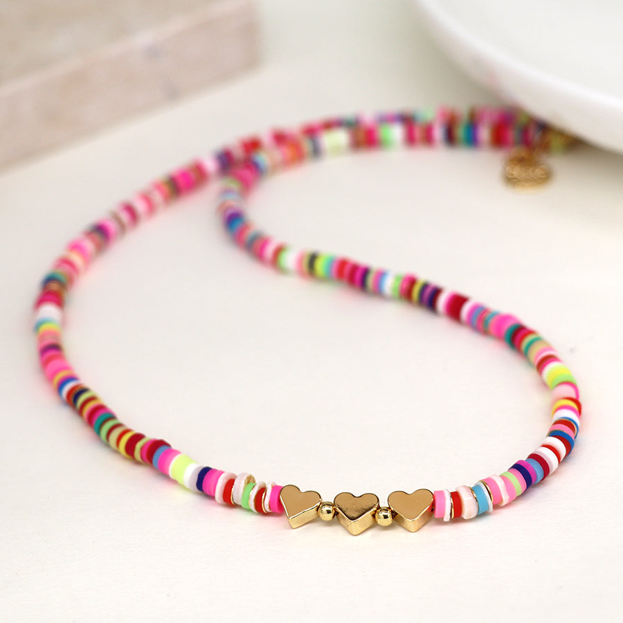 POM - Fimo Bead Necklace | Rainbow with Gold Plated Hearts
