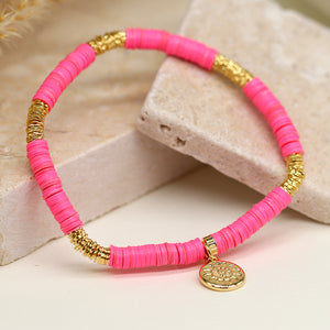 POM - Fimo Bead Bracelet with Gold Plated Disc | Hot Pink