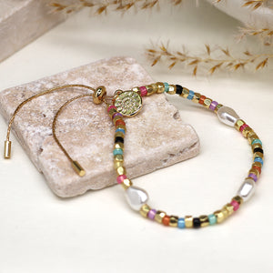 POM - Gold Glass Bead & Freshwater Pearl Adjustable Bracelet | Multi Colour