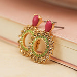 Load image into Gallery viewer, POM - Crystal Mix &#39;Wreath&#39; Style Earrings | Green &amp; Pink
