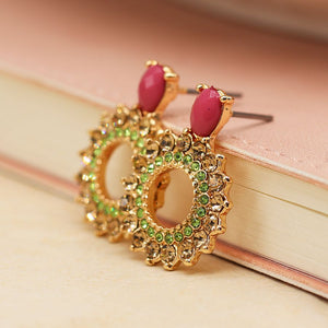 POM - Crystal Mix 'Wreath' Style Earrings | Green & Pink