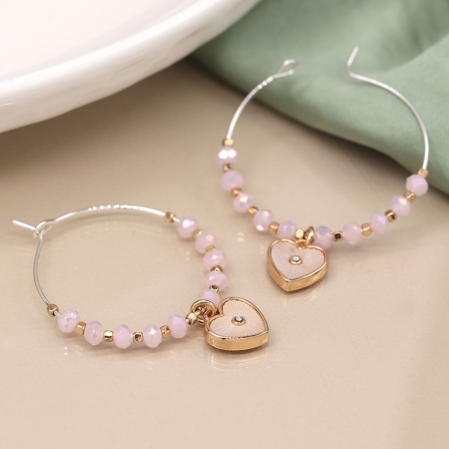 POM - Pastel Pink Beaded Hoop Earrings with Shell Heart