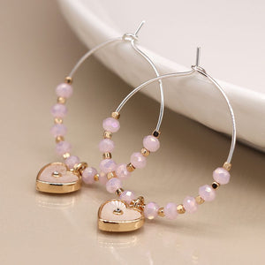 POM - Pastel Pink Beaded Hoop Earrings with Shell Heart