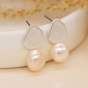 POM - Organic Teardrop Earrings with Freshwater Pearls | Brushed Silver Plated