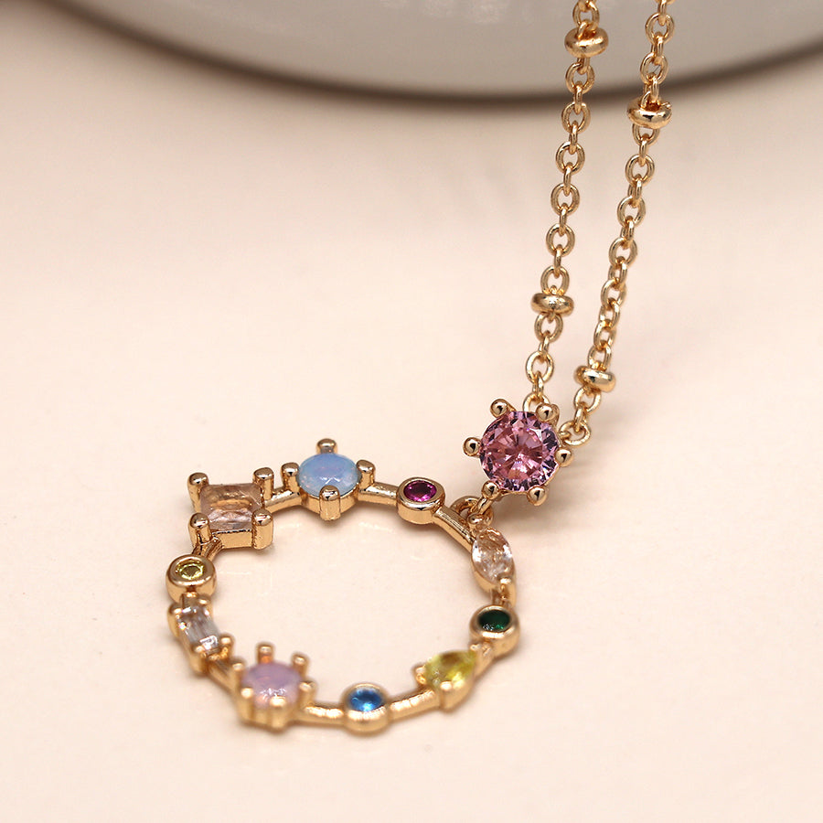 POM - Multi Crystal Decorative Hoop Pendant Necklace | Faux Gold