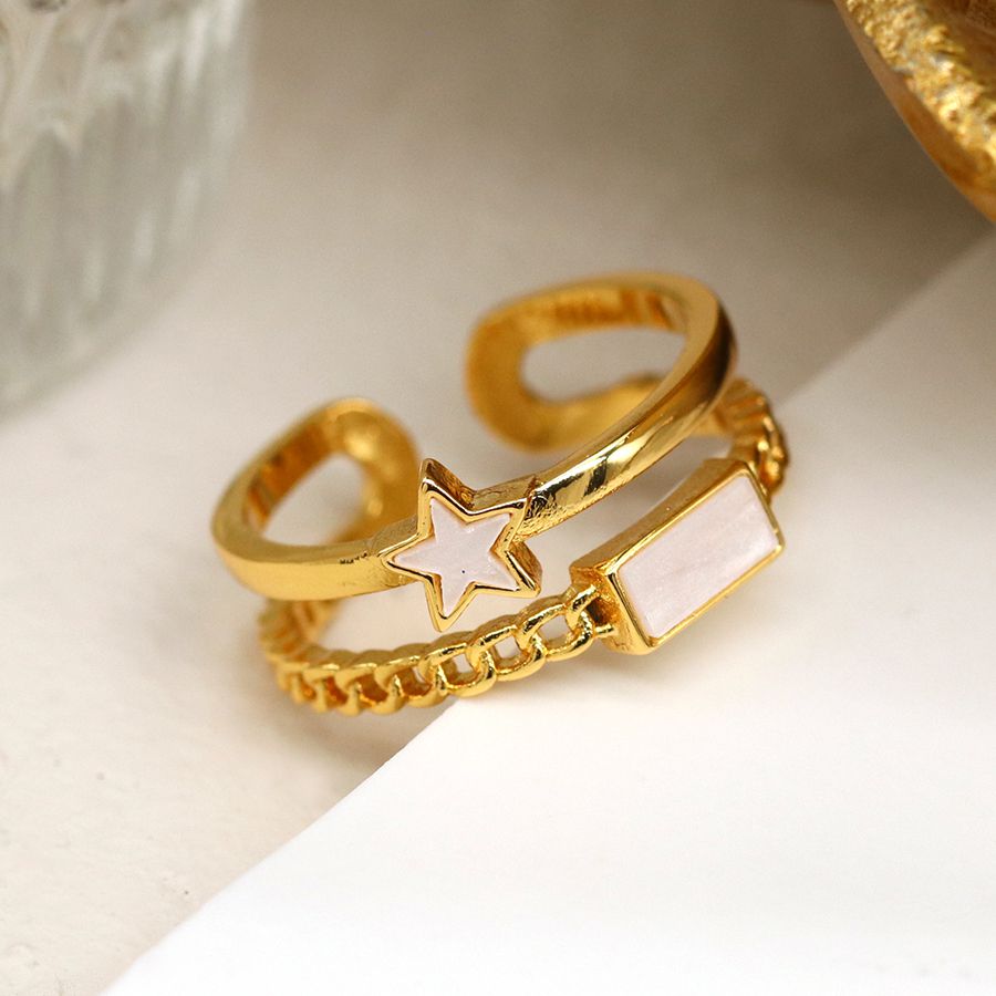POM - Double Layer Adjustable Ring with Shell Rectangle & Star | Gold Plated
