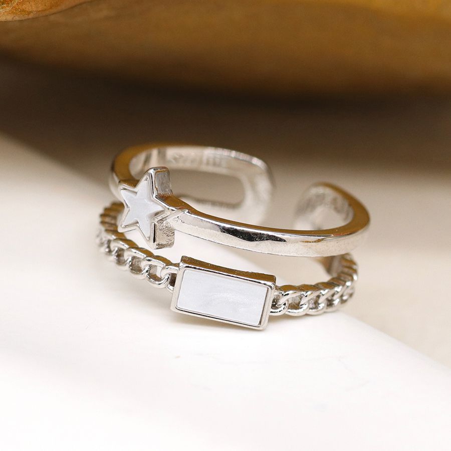 POM - Double Layer Adjustable Ring with Shell Rectangle & Star | White Gold Plated