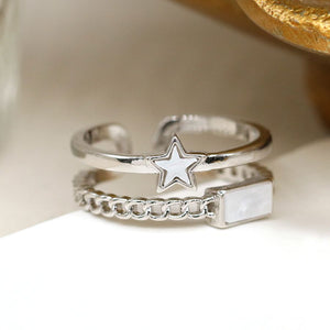 POM - Double Layer Adjustable Ring with Shell Rectangle & Star | White Gold Plated