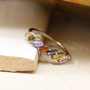 POM - Rainbow Rectangular Multi Crystal Set Ring | White Gold Plated