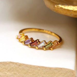 POM - Rainbow Rectangular Multi Crystal Set Ring | Gold Plated