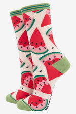 Load image into Gallery viewer, Sock Talk - Women&#39;s Bamboo Socks | Cream &amp; Red Watermelon
