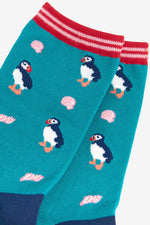 Load image into Gallery viewer, Sock Talk - Women&#39;s Bamboo Socks | Teal &amp; Pink Puffin &amp; Sea Shell
