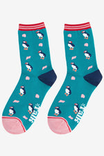 Load image into Gallery viewer, Sock Talk - Women&#39;s Bamboo Socks | Teal &amp; Pink Puffin &amp; Sea Shell
