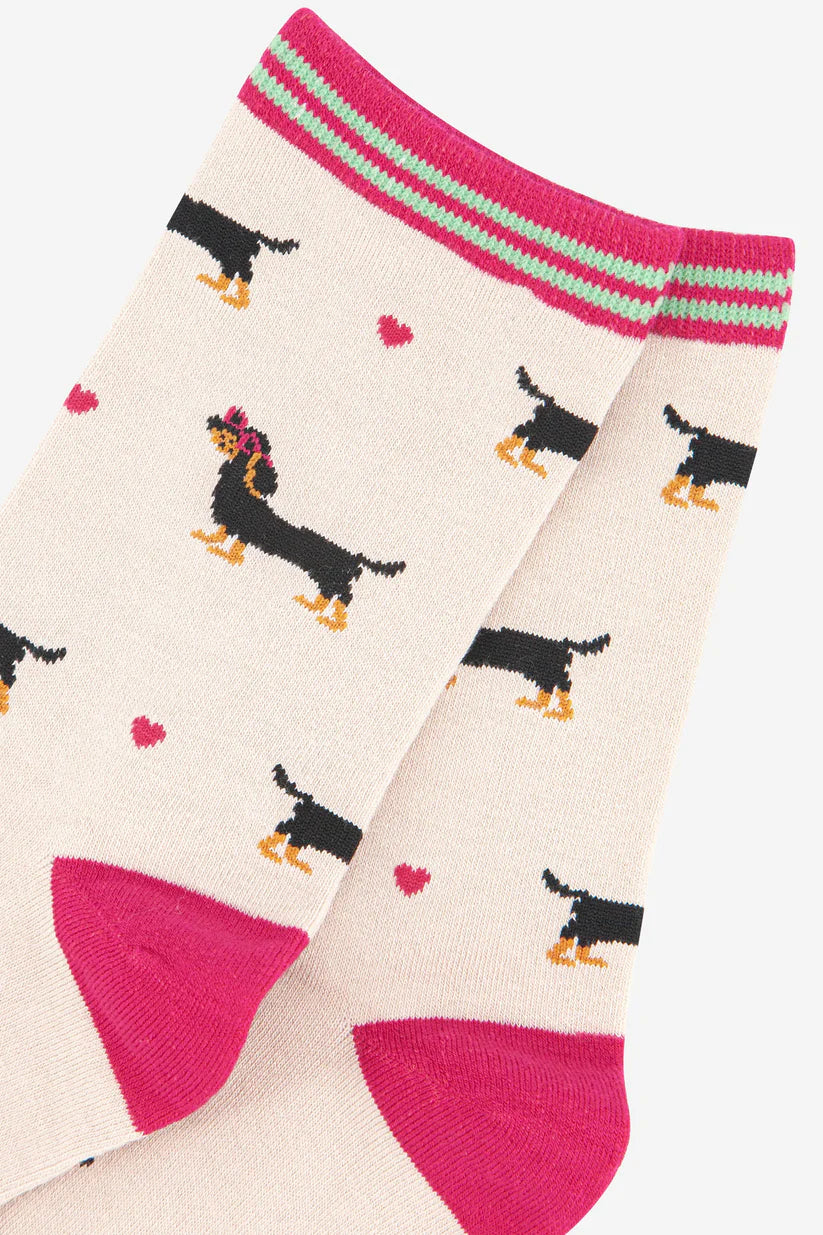 Sock Talk - Women's  Bamboo Socks | Cream & Pink Sausage Dogs & Hearts