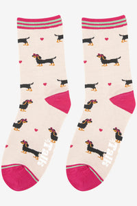 Sock Talk - Women's  Bamboo Socks | Cream & Pink Sausage Dogs & Hearts