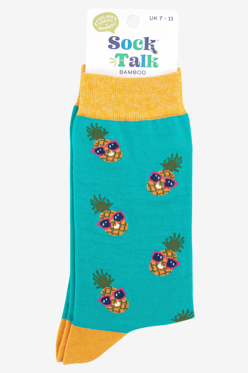 Sock Talk - Men's Bamboo Socks | Blue & Yellow Pineapple in Sunglasses