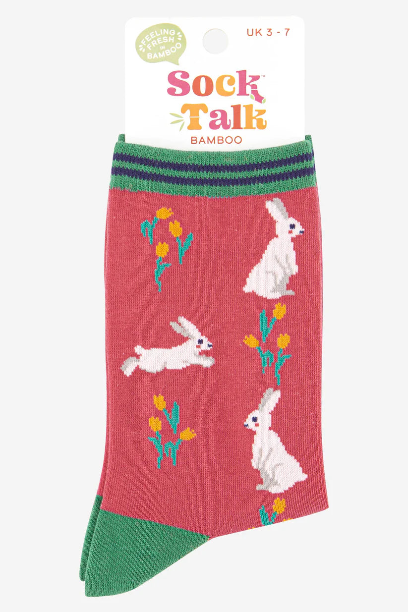 Sock Talk - Women's Bamboo Socks | Pink & Green Spring Rabbit