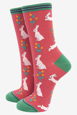 Load image into Gallery viewer, Sock Talk - Women&#39;s Bamboo Socks | Pink &amp; Green Spring Rabbit
