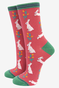 Sock Talk - Women's Bamboo Socks | Pink & Green Spring Rabbit
