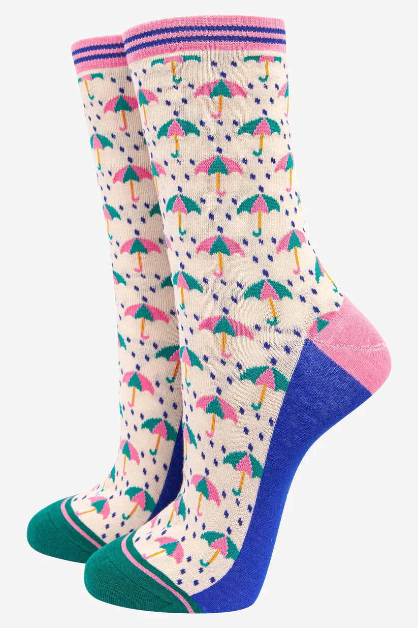Sock Talk - Women's Bamboo Socks | Cream & Blue Umbrella Rain