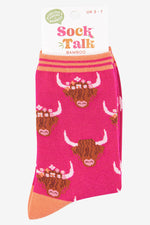 Load image into Gallery viewer, Sock Talk - Women&#39;s Bamboo Socks | Pink &amp; Orange Highland Cow
