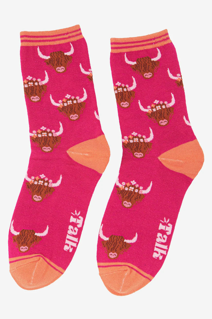 Sock Talk - Women's Bamboo Socks | Pink & Orange Highland Cow