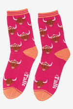Load image into Gallery viewer, Sock Talk - Women&#39;s Bamboo Socks | Pink &amp; Orange Highland Cow
