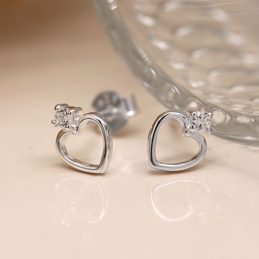 POM - Sterling Silver Heart & Crystal Cut Out Studs