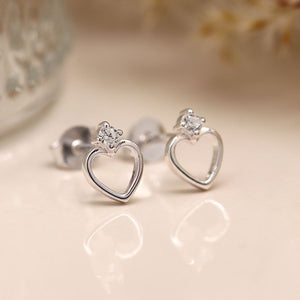 POM - Sterling Silver Heart & Crystal Cut Out Studs