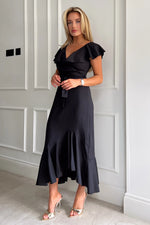 Load image into Gallery viewer, Girl in Mind - Daphne Black Wrap Frill Midi Dress
