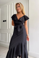 Load image into Gallery viewer, Girl in Mind - Daphne Black Wrap Frill Midi Dress
