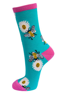 MSH - Women's Turquoise & Hot Pink Bee Bamboo Socks